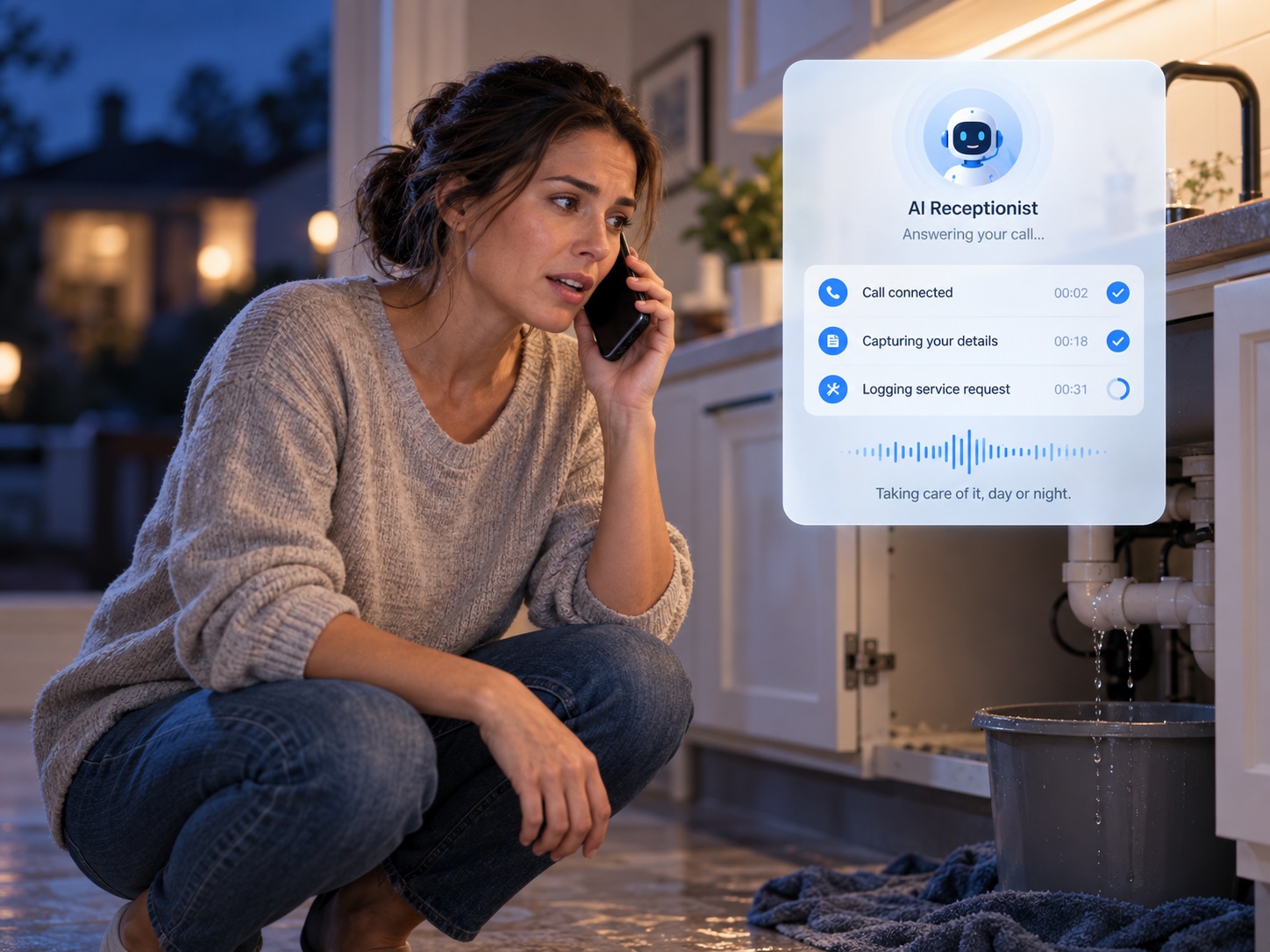 Homeowner calling about a leaking sink after hours; virtual receptionist overlay illustrates call intake