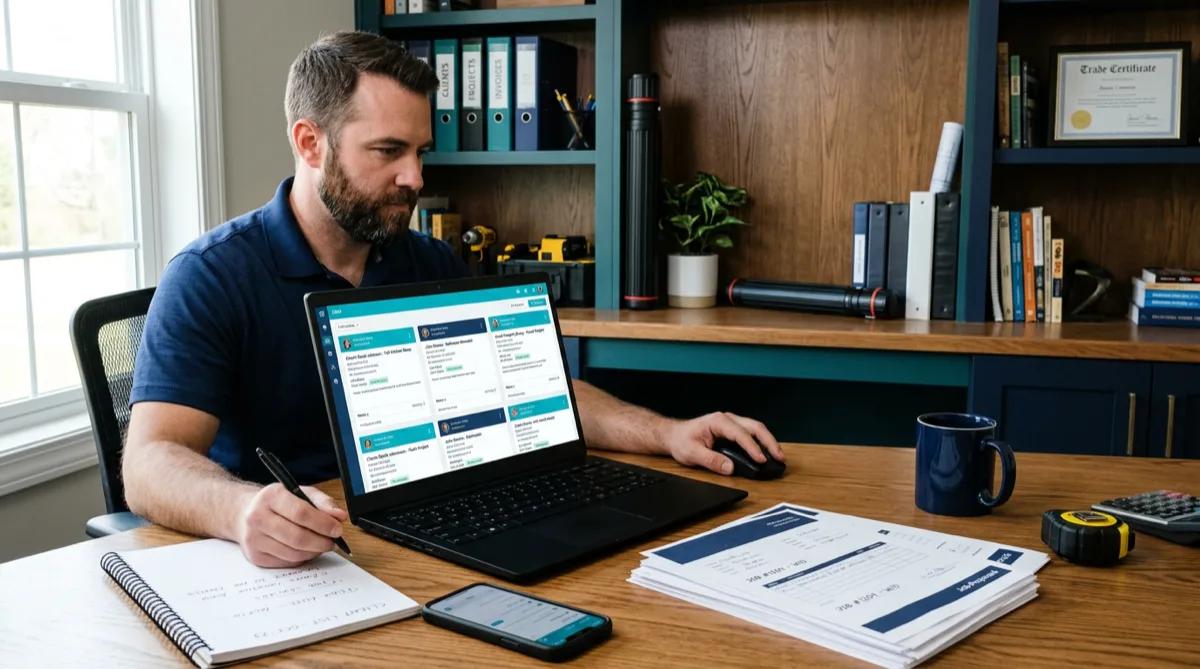 Field-service contractor checking a tablet with an illustrative enquiry and follow-up notification