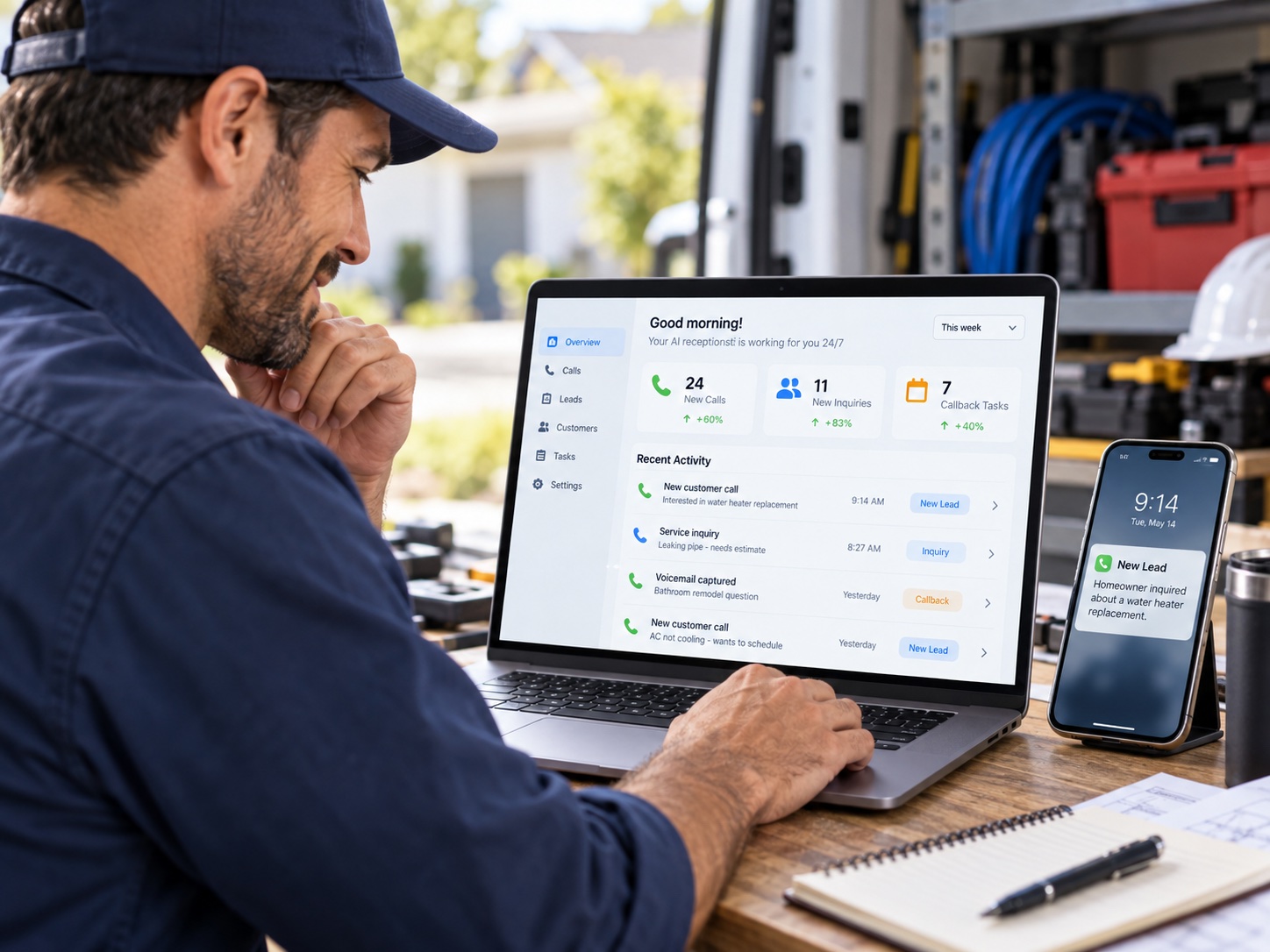 Contractor viewing an illustrative AI call dashboard showing customer enquiries and callback tasks