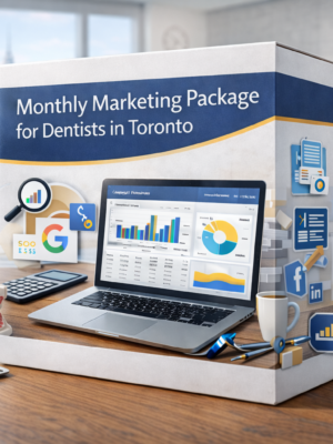 Modern Toronto dental clinic team reviewing digital marketing performance dashboard on laptop, representing monthly marketing package for dentists.