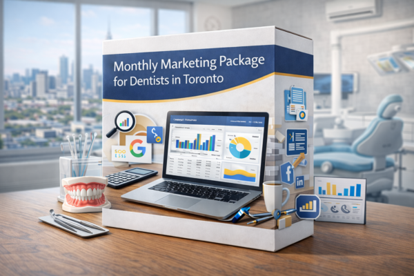 Monthly Marketing Package for Dentists in Toronto | PM Media Marketing Modern Toronto dental clinic team reviewing digital marketing performance dashboard on laptop, representing monthly marketing package for dentists.