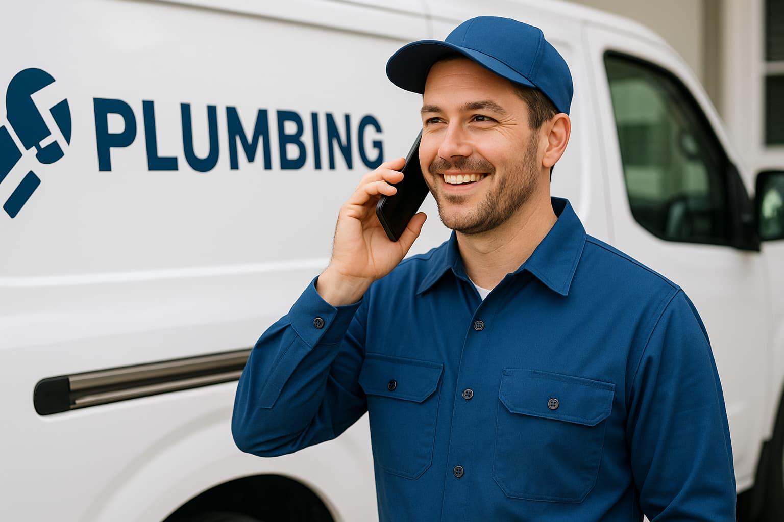 Plumbing contractor checking a new customer enquiry on his phone beside a service van; AI receptionist interface is illustrative